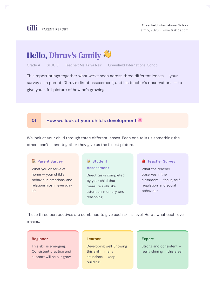 Tilli parent report: cover page